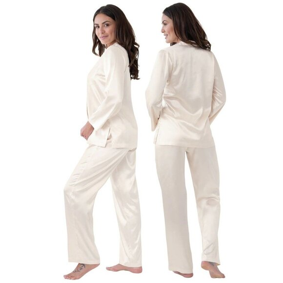 PajamaGram ivory satin 2-piece PJ Pajama Lounge Set Size Medium Elastic Waist - Picture 3 of 9